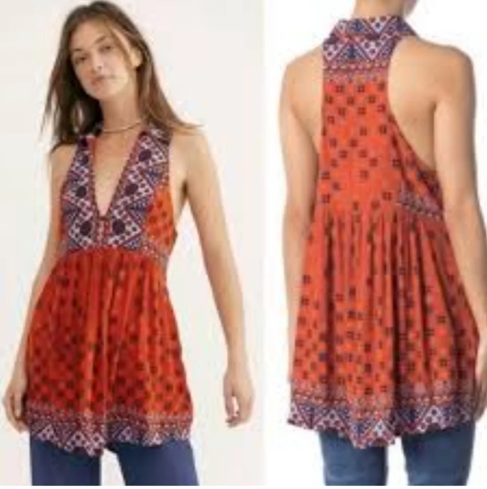 Free People "Scarlet" bohemian tunic blouse v neck button - L - orange/navy - Picture 2 of 12